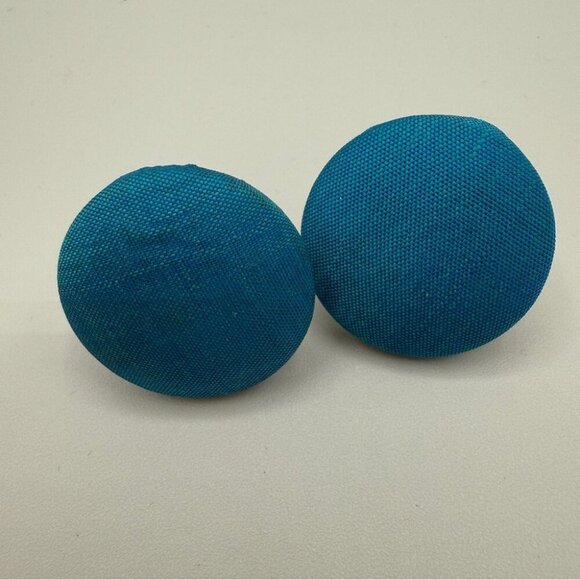 Teal Blue Fabric Button Clip On Earrings - Picture 5 of 5